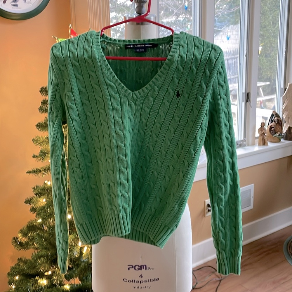 Ralph Lauren Green Cable Knit V-Neck Sweater